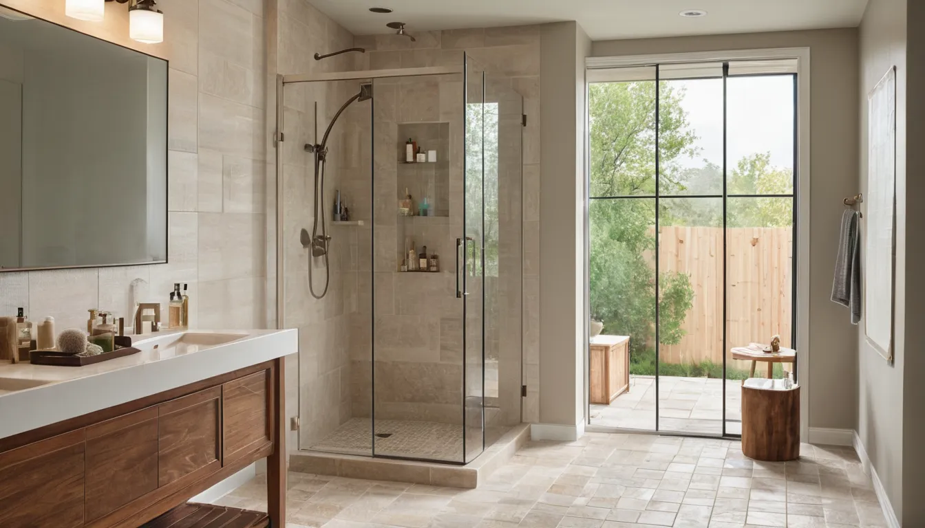 A bright, newly remodeled walk-in shower in a home near Riverside